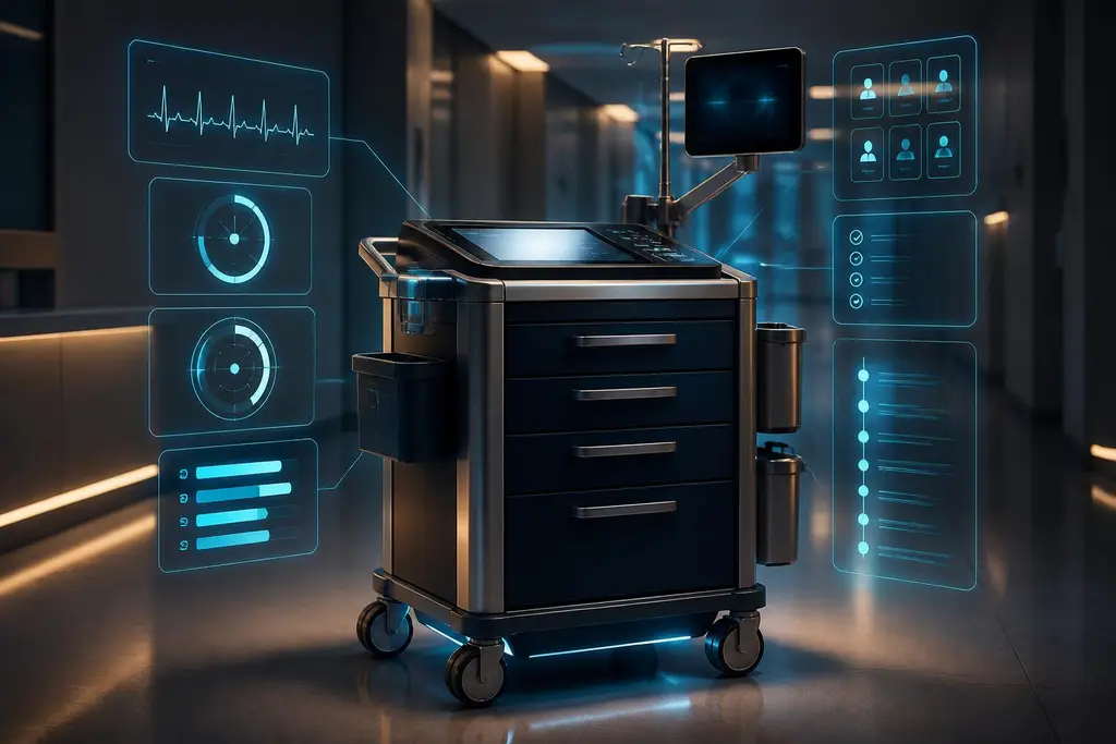 AIMediQ intelligent response cart with holographic clinical interface overlays