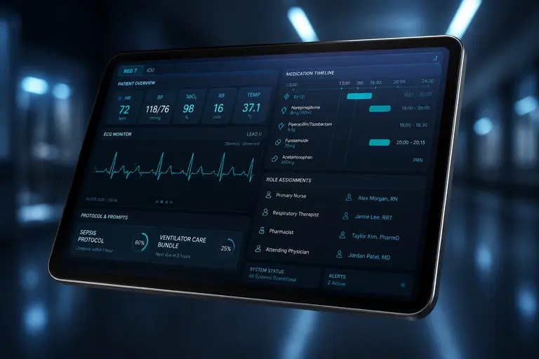 Futuristic medical tablet displaying the AIMediQ clinical dashboard with ECG waveforms and vital signs