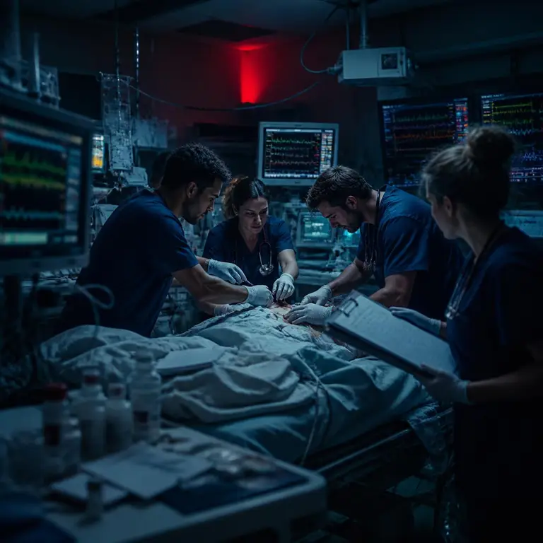 A high-pressure Code Blue response with multiple disconnected monitors and paper protocols