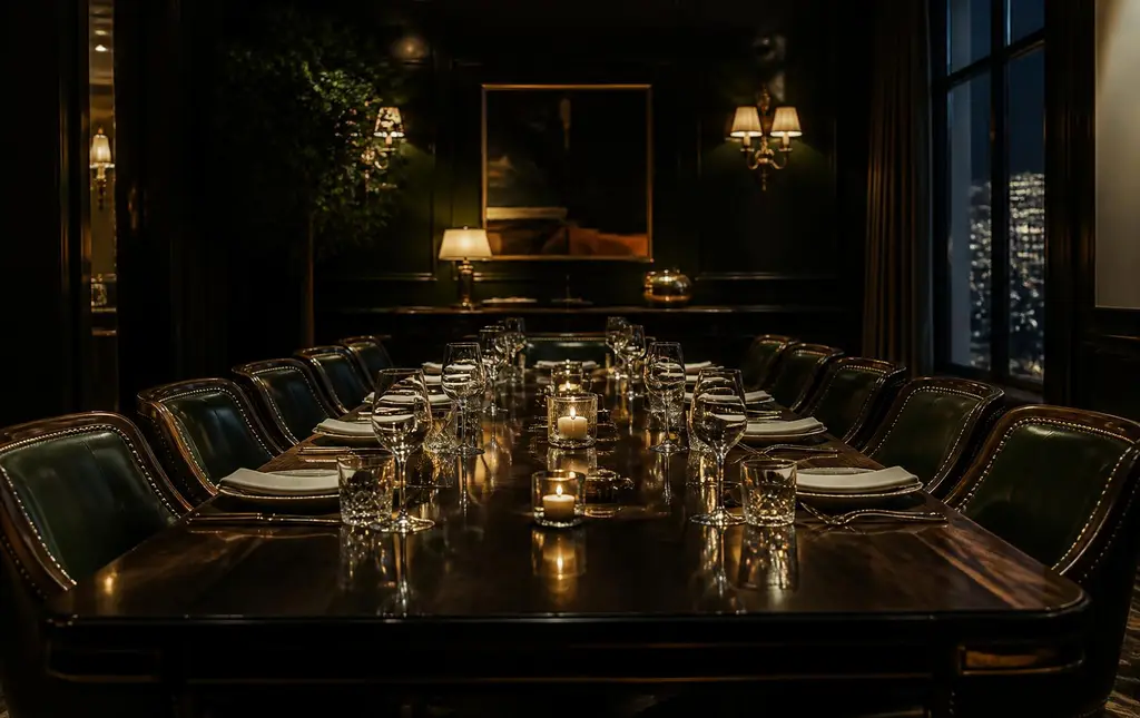 A candlelit private dining room set for an evening investor presentation