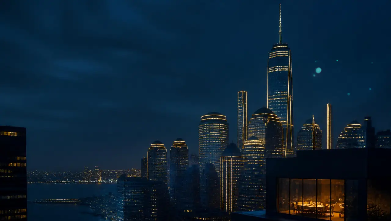 The Manhattan skyline at blue hour with a lit private dining room in the foreground