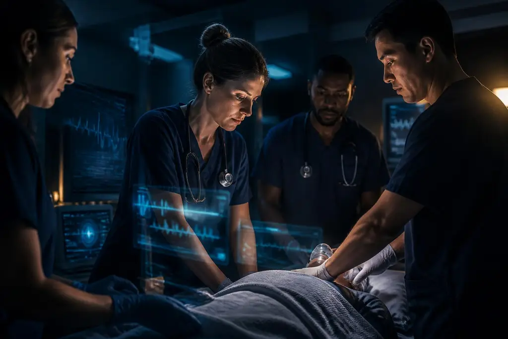 A calm, diverse clinical team working with restrained holographic clinical displays