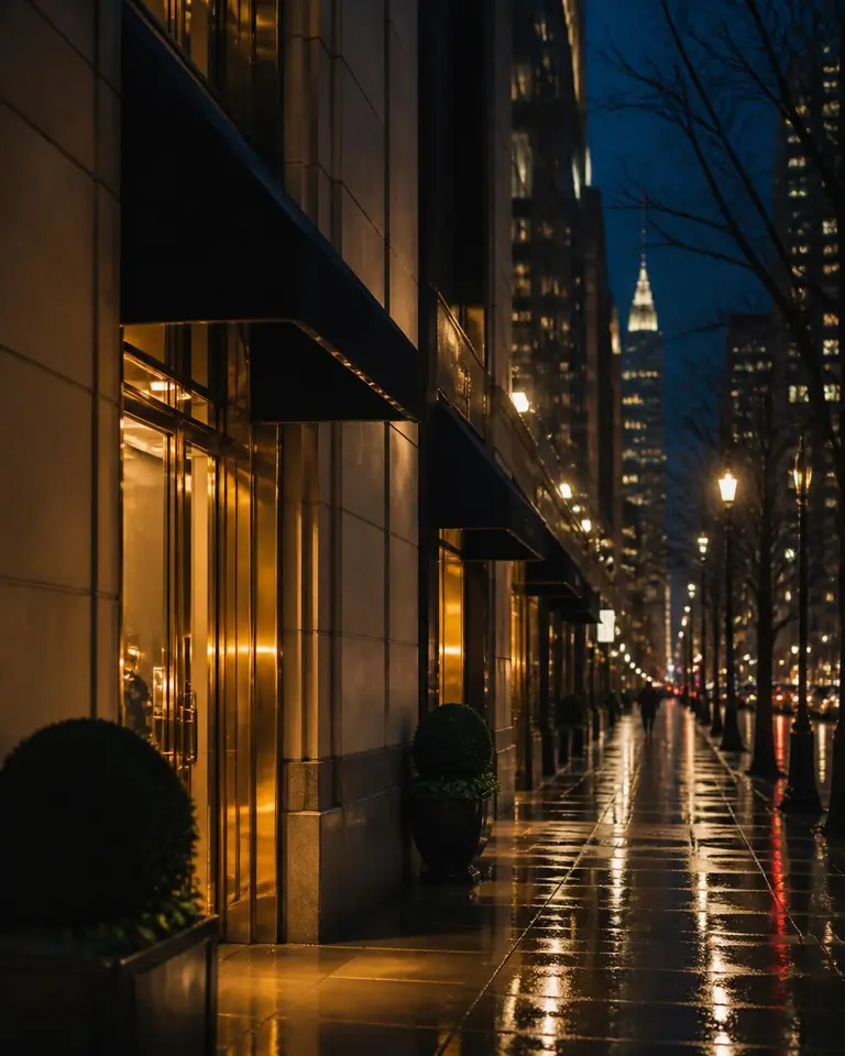 Madison Avenue at night, gold light reflected on wet Manhattan pavement