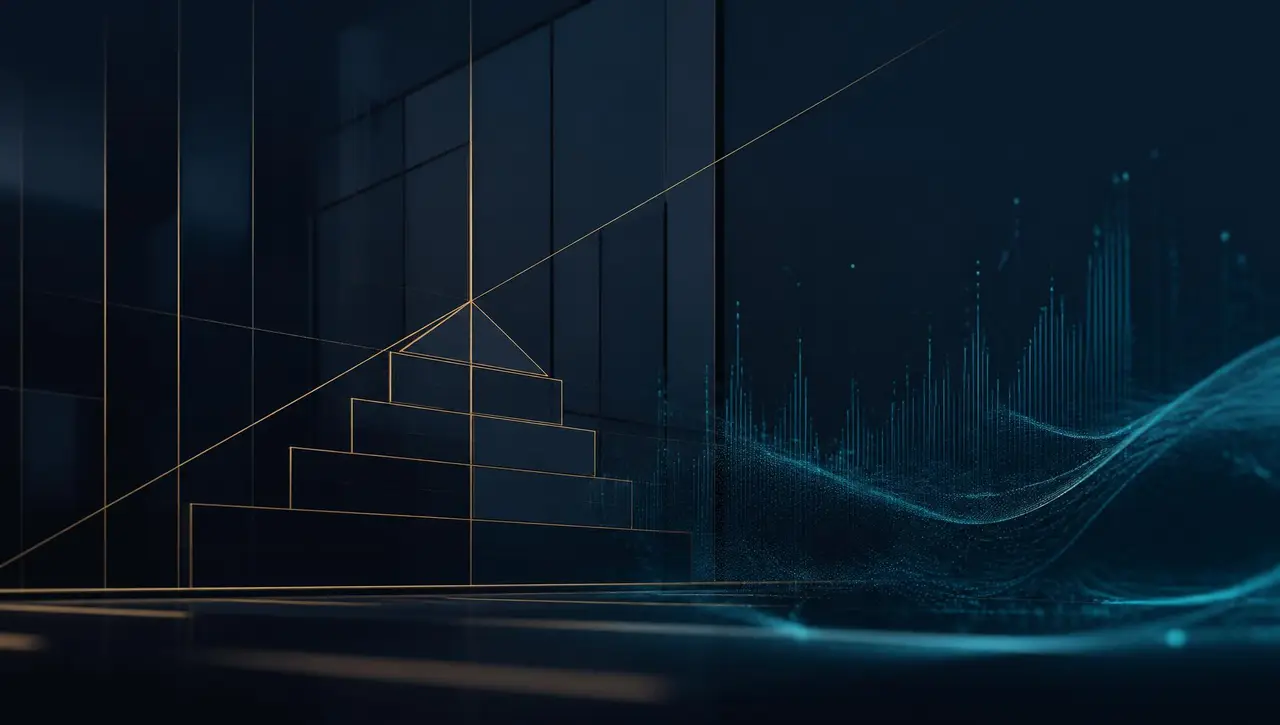 Abstract capital structure visualization in navy, gold, and teal